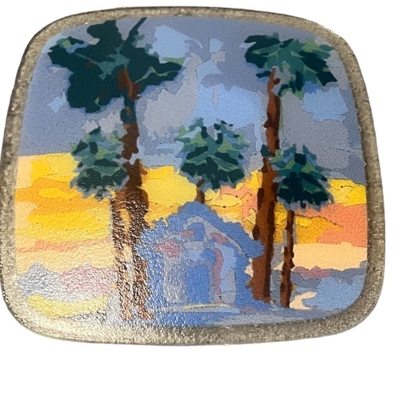PEGGY KARR Fused Art Glass Square Plates Beach Hut Palm Trees 2009 Hawaii - Picture 2 of 5